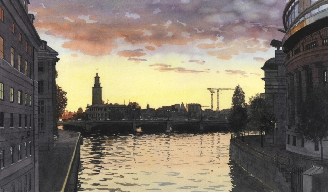 Reproducerad akvarell/giclée - Mot Stadshuset och Centralbron en sommarkväll